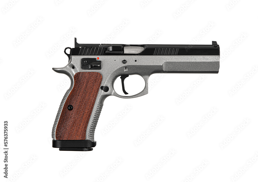 Modern semi-automatic pistol isolate on a white background. Armament for the army and police. Short-barreled weapon