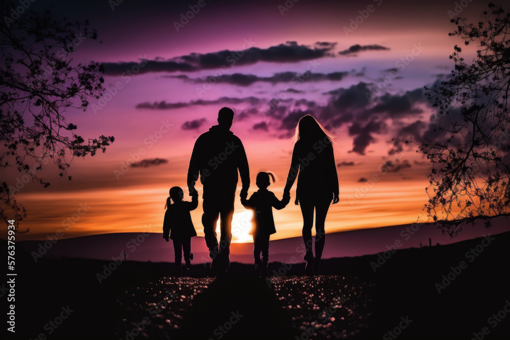 Silhouette of a Family Holding Hands Against a Backlit Sunset, golden hour - ai generative