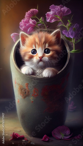 Closeup Portrait of Cute Kitten with Flower: A Conceptual Thinking. Adorable Little Cat Pet and Beautiful Child Animal. Generative AI. © PEPPERPOT