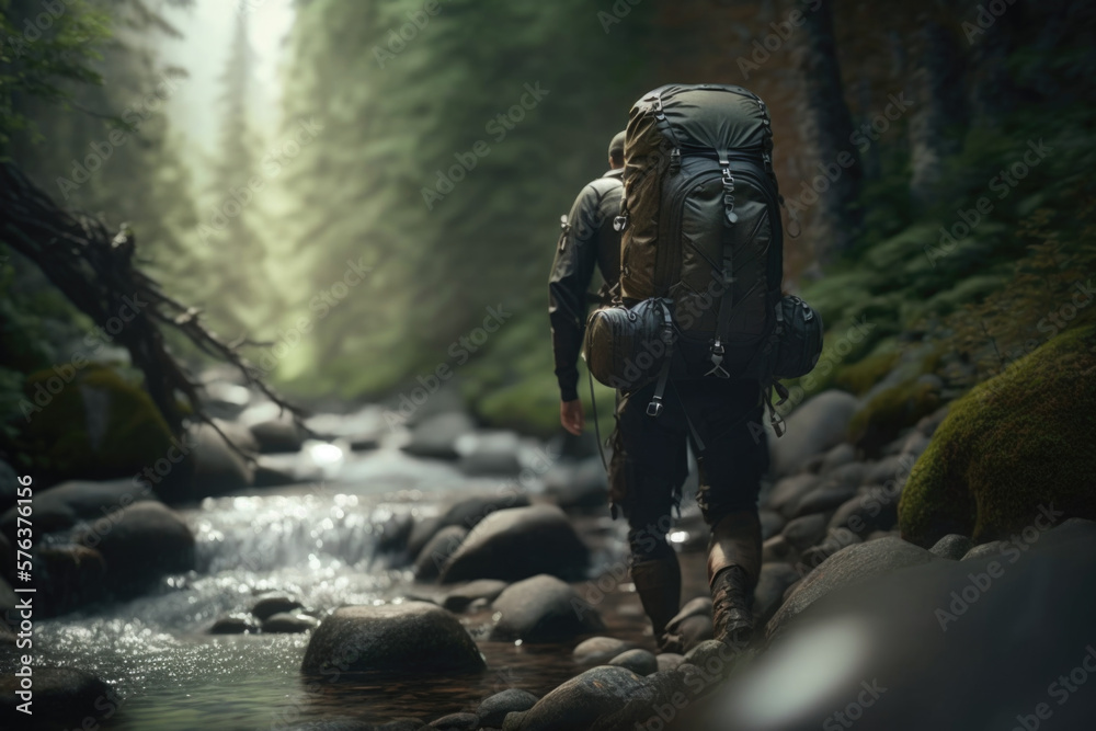 Discover the Beauty of the Great Outdoors: Photos of Trekkers Navigating Mountain Nature river waterfall with Hiking Boots AI Generative