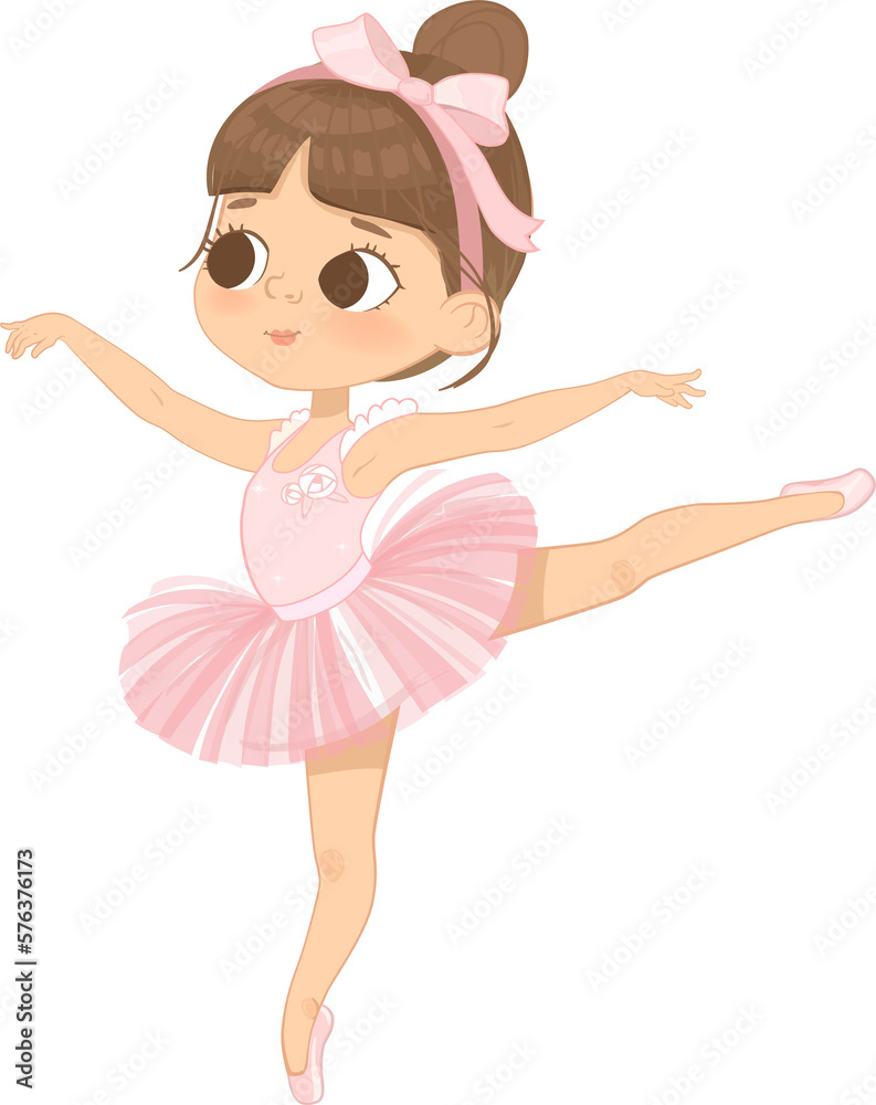 Cute Brown Hair Ballerina Girl Dancing. Little Caucasian Girl in Pink Tutu Dress and Pointe. Vector, Cute Brown Hair Ballerina Girl Dancing. Little Caucasian Girl in Pink Tutu Dress and Pointe. Vector,