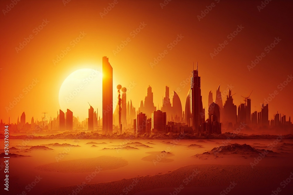 Heatwave sun over a urban city, global warming. Generative AI