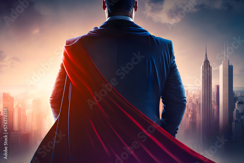 Successful businessman savior in business suit with a superhero red cape stands proudly against the backdrop of the skyscrapers of the business district of metropolis. Back view. Generative AI