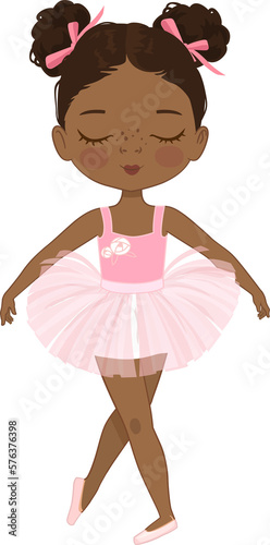 Cute Ballerina Girl Dancing. Little Ballerina in a Pink Tutu Dress and Rose Flowers Wreath. Adorable African American Girl in a pastel pink dress. Isolated