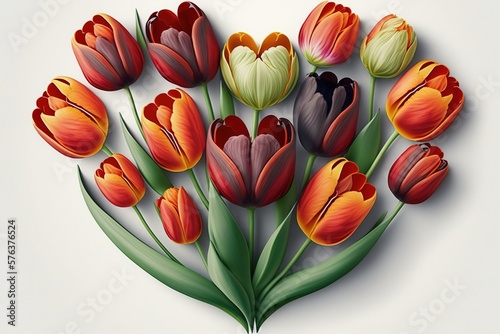 A bouquet of flowers tulips in the shape of a heart. Romantic gift on a white background.