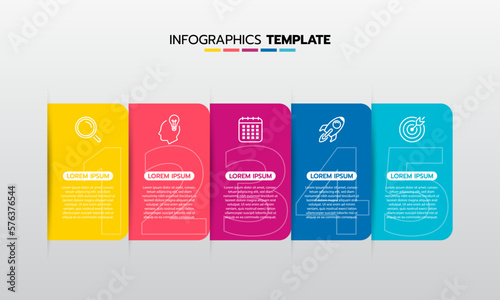 Business infographic template process with simple geometry square, rectangle, circle, triangle, curves in flat design template with thin line icons and 5 options or steps. Vector illustration.