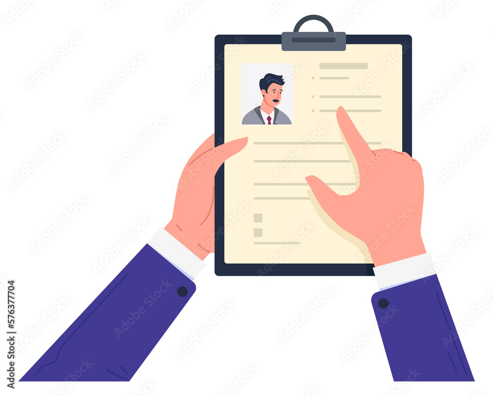 Cv paper in hands. Office manager check candidate resume Cv paper in hands. Office manager check candidate resume