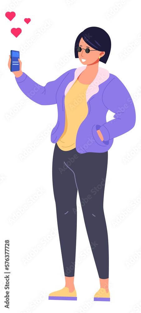 Young woman hold smarthone with social media likes Young woman hold smarthone with social media likes