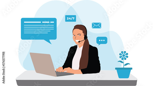 Customer service, call center, hotline flat vector illustration. Online global technical support 24 7. Hotline operator advises customer. Customer support department staff, telemarketing agents.