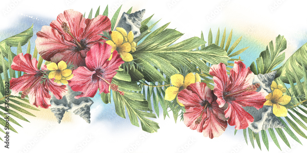 Tropical palm leaves with red hibiscus flowers and seashells. Watercolor illustration. Seamless border from the CUBA collection. For the design and design of invitations, postcards, stickers, websites