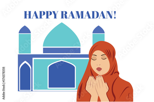 Vector happy Ramadan praying muslim woman with mosque
