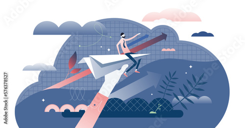 Business vision direction concept, flat tiny businessman person illustration, transparent background. Startup success growth upward trajectory and reaching goals.