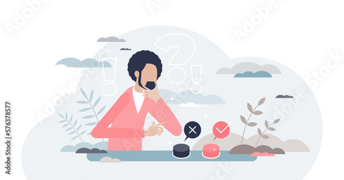 Choice buttons as choose one option and make decision tiny person concept, transparent background. Dilemma about two possible opportunities opinion and struggle for selection illustration.