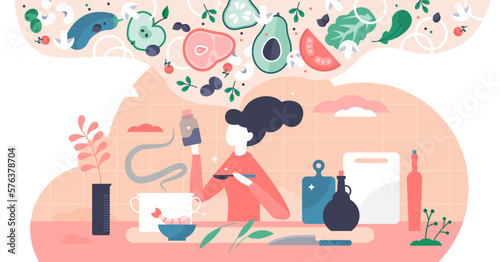Cooking illustration, transparent background. Woman thinking new recipe flat tiny person concepts. Creative gastronomy and culinary process with vegetables, tastes and ingredients mixing.