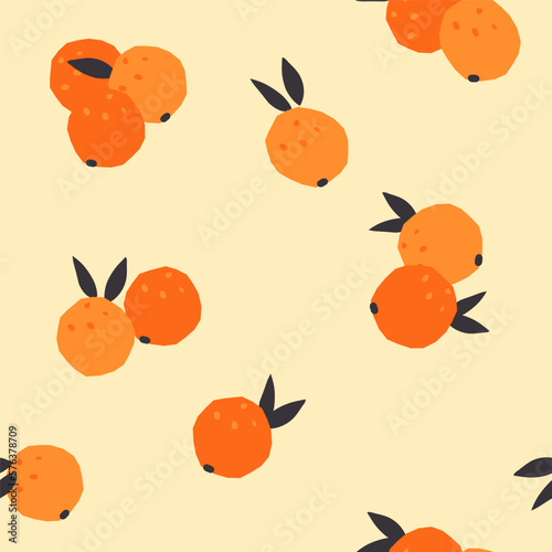Funny summer repeat, hand-drawn orange fruits on yellow background. Vector backdrop for fabric, wrapping paper etc