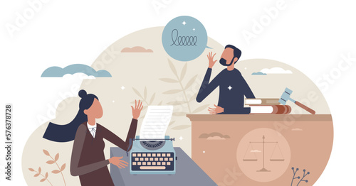 Court reporter work as writing testimony on stenotype tiny person concept, transparent background. Courtroom with professional administration employees for typewriter documentation illustration. photo