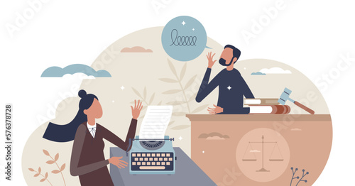 Court reporter work as writing testimony on stenotype tiny person concept, transparent background. Courtroom with professional administration employees for typewriter documentation illustration.