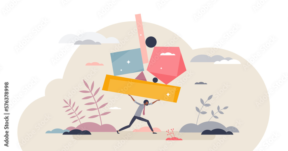 Heavy burden and various problems load for tired man tiny person concept, transparent background. Businessman carrying psychological mental problems.