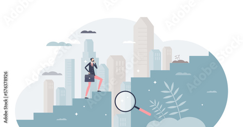 Gap analysis as cautious businessman obstacle evaluation tiny person concept, transparent background. Barrier measurement as business future risk research illustration.