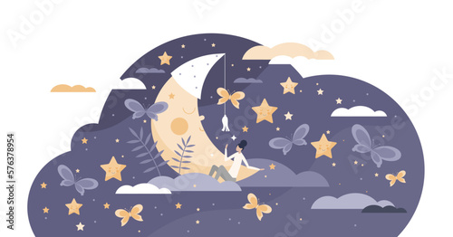 Good sleep scene with cute moon and female in sweet dreams fantasy tiny person concept, transparent background. Night bedtime with deep relaxation below sky and stars illustration.
