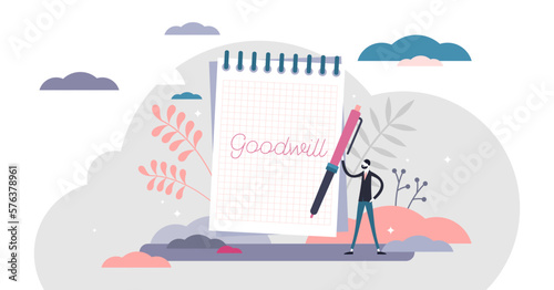Goodwill concept, flat tiny person illustration, transparent background. Handwritten notebook item with personal goal as intention to do good for other people as acts of kindness, charity,.