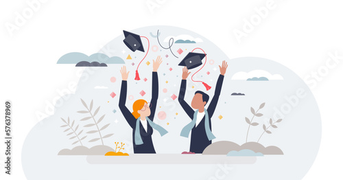 Graduation and school or university diploma celebration tiny person concept, transparent background. Academic knowledge final exam successful pass and joyful party.