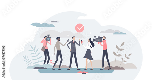 Journalism as television, press and radio mass media work tiny person concept, transparent background. Live broadcasting job as occupation for interviews and news reports illustration.