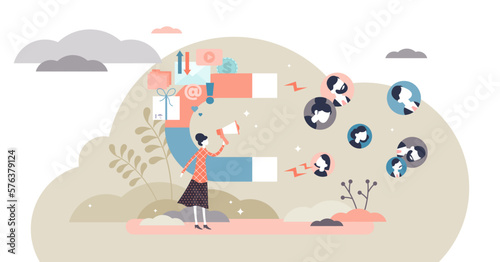 Lead magnet e-commerce business sales and marketing strategy, flat tiny person illustration, transparent background. Promotion offer funnel and prospects converting in to paying customers.