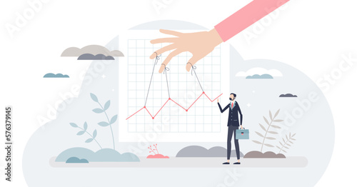 Manipulating market and control stocks with master power tiny person concept, transparent background.Economy and finance flow influence and playing with trade statistics illustration.