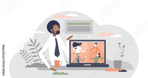 Meeting videocall as distant online communication talk tiny person concept, transparent background. Speech appointment gathering for company formal topic conversation illustration.