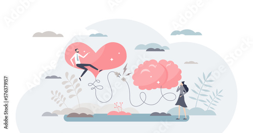 Mind heart connection moment as logic and emotion socket tiny person concept, transparent background.
