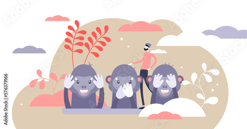 Monkey see, monkey do or Three wise monkeys concept, flat tiny person illustration, transparent background.Japanese proverbial principle.See no evil, hear no evil, speak no evil.