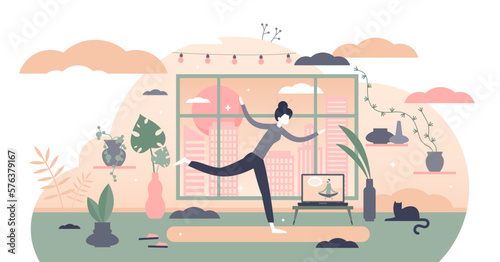 Morning exercise illustration, transparent background.Daily yoga flat tiny persons concept.Everyday stretching and fitness to be healthy and slim weight.