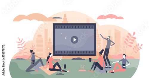 Movies watching outdoors in park or garden with friends tiny person concept, transparent background.Video screen for projector party and cinema entertainment illustration.