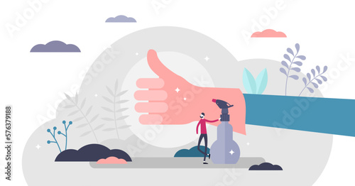 OK glove hand illustration, transparent background.Covid-19 protection flat tiny persons concept.Coronavirus positive outcome in case of hand washing and disinfect routine.
