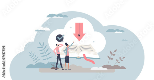 Online education and distant knowledge learning course tiny person concept, transparent background. Remote virtual teaching using cloud technology for network library access illustration.