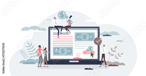 Sponsored content with paid commercial website articles tiny person concept, transparent background.Company cooperation and partnership with influencers or social media for brand popularization.