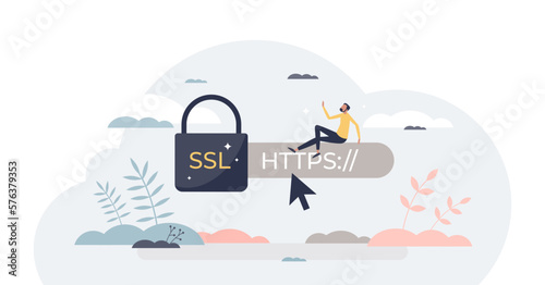SSL or secure sockets layer as safe network data links tiny person concept, transparent background.Strong internet safety with HTTPS certificate privacy sign illustration.