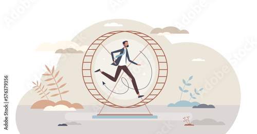Stagnant career as running employee on hamster wheel tiny person concept, transparent background. Pointless energy waste without future perspective and growth illustration.