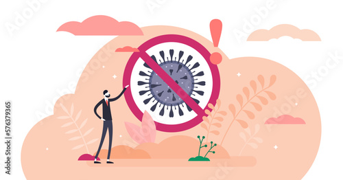 Stop virus sign concept, flat tiny person illustration, transparent background. Corona virus COVID-19 outbreak pandemic alert. Virology public caution warning information.