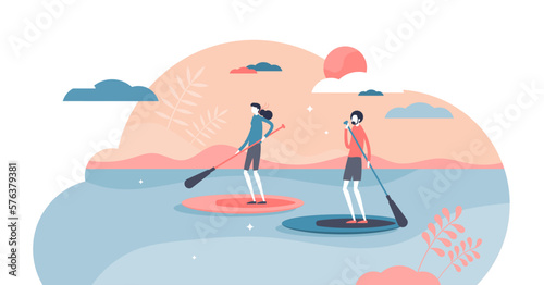 Suping or standing paddleboarding water sport adventure tiny person concept, transparent background. Outdoor SUP rowing with oars in river, lake or sea illustration. Active couple leisure.