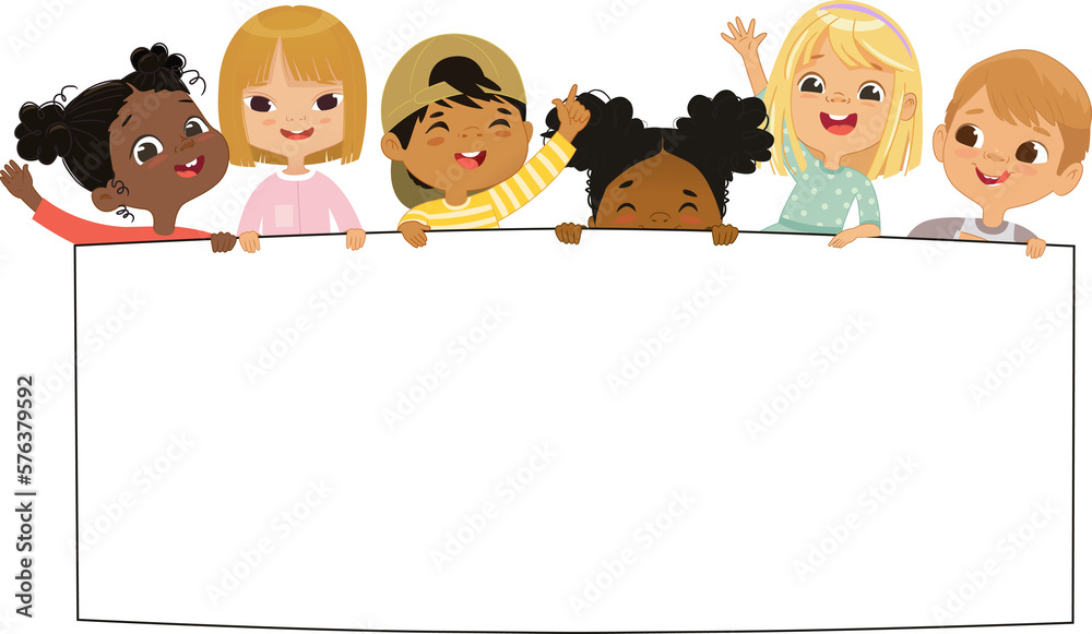 Multicultural kids hold a blank board. Cute little kids on a white background. Show a blank poster for text entry. Banner. Cartoon Vector illustration. Isolated. Multicultural kids hold a blank board. Cute little kids on a white background. Show a blank poster for text entry. Banner. Cartoon Vector illustration. Isolated.