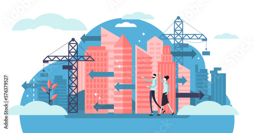Urban Sprawl illustration, transparent background. Flat tiny building construction persons concept. Unrestricted urban housing and city chaos. Negative suburban landscape plan future.