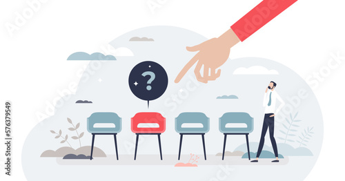 Open vacancy and empty company chair as hiring symbol tiny person concept, transparent background. Search for new talent and best candidate for business illustration. Corporate employee wanted.