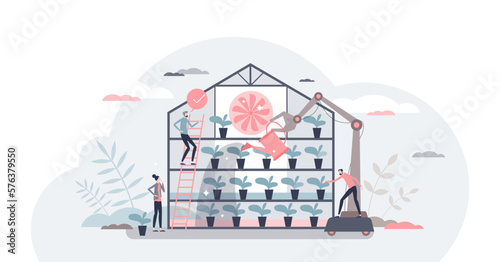 Vertical farming and robotic automated indoor agriculture tiny person concept, transparent background. Plant irrigation and watering system for green plants illustration.