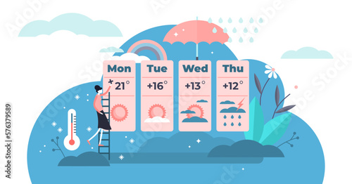 Weather forecasting illustration, transparent background. Flat tiny outside predictions persons concept. Meteorology science application and technology for temperature, humidity.