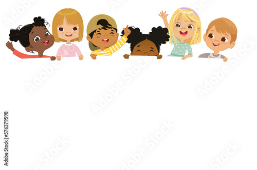 Multicultural kids hold a blank board. Cute little kids on a white background. Show a blank poster for text entry. Banner. Cartoon Vector illustration. Isolated.