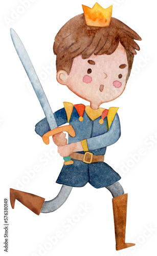 Watercolor illustration of a running angry little boy wearing a crown with a sword. Fighting prince illustration. Isolated