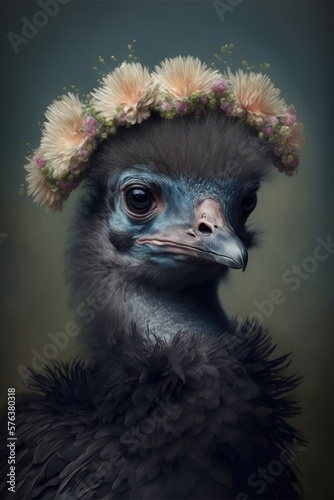 Baby Emu Portrait Looking AT Camera Wearing Flower Crown