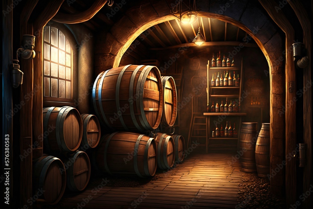 Alcohol barrel room interior. Generative AI